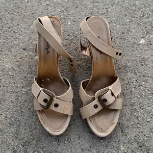 y2k‎ buckle Beige Cork Platform Block Heel Sandals Womens 11 Snake Textured